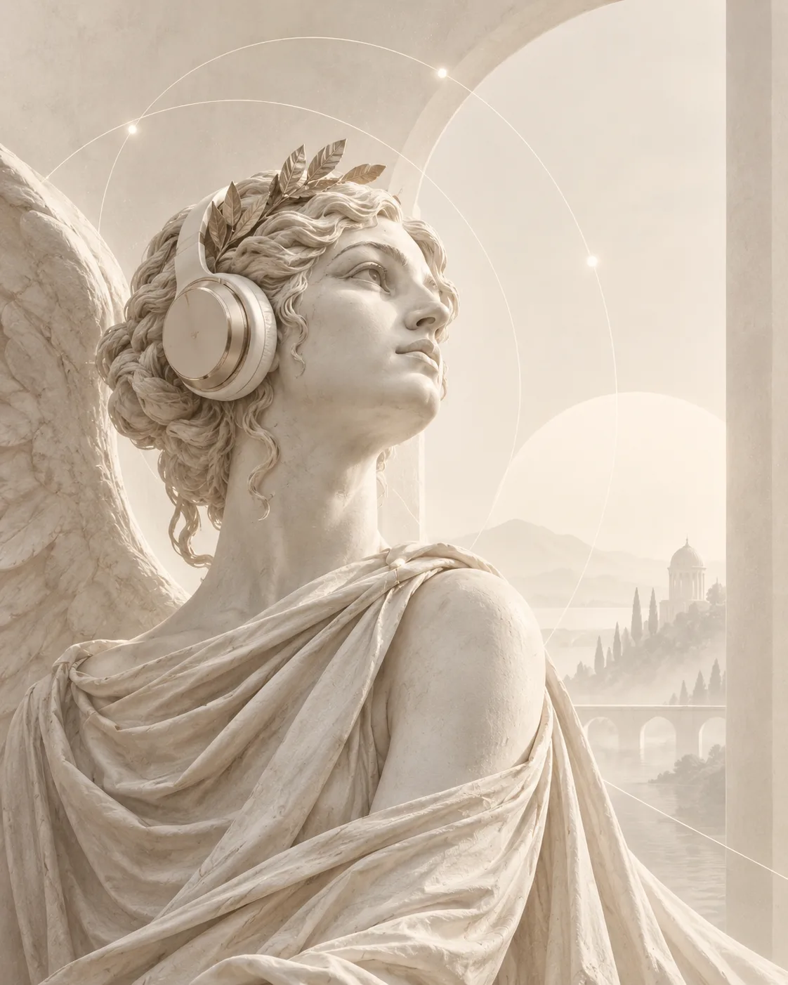 a classical winged figure wearing modern headphones, looking toward the horizon